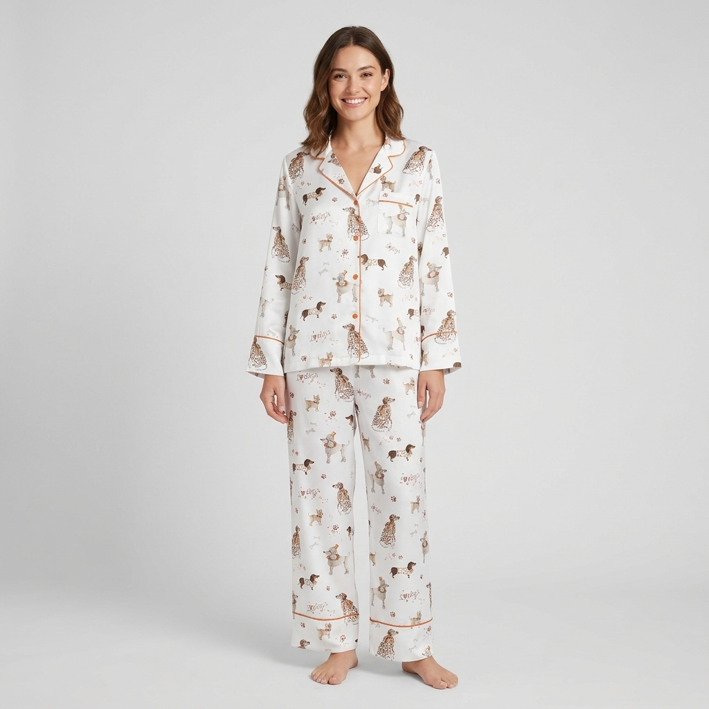 Women's long-sleeve satin pajama set with hand-drawn hounds, spaniels and puppies with bones on white - long sleeve and pants