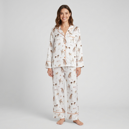 Women's long-sleeve satin pajama set with hand-drawn hounds, spaniels and puppies with bones on white - long sleeve and pants