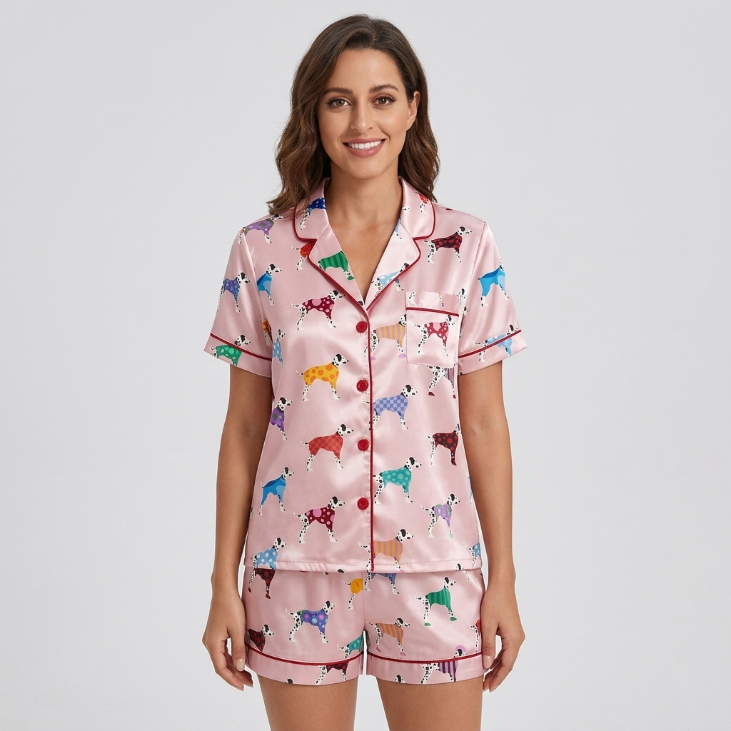 Women's satin pajama set with dalmatians in plaid, polka dot and checkered coats on blush pink - short sleeve and shorts