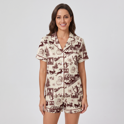 Brown Toile Santa Sleigh Women's Pajama Set - short sleeve and shorts