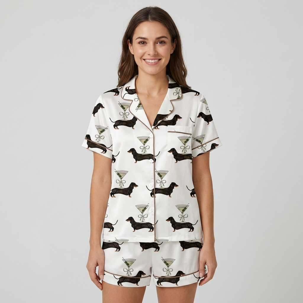 Women's satin pajama set with black dachshunds beside martini glasses tied with ribbon bows on white - short sleeve and shorts