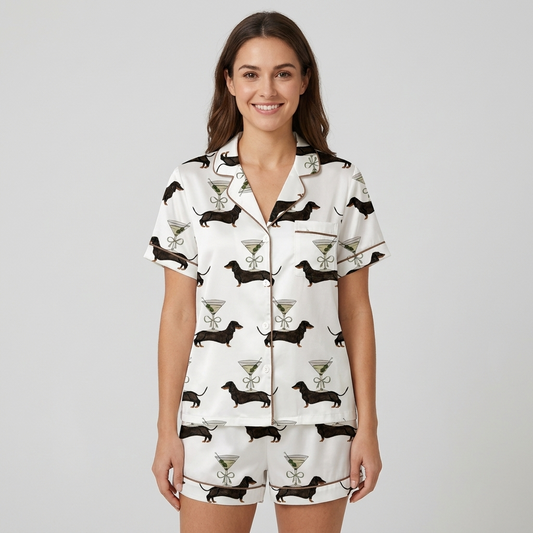 Women's satin pajama set with black dachshunds beside martini glasses tied with ribbon bows on white - short sleeve and shorts