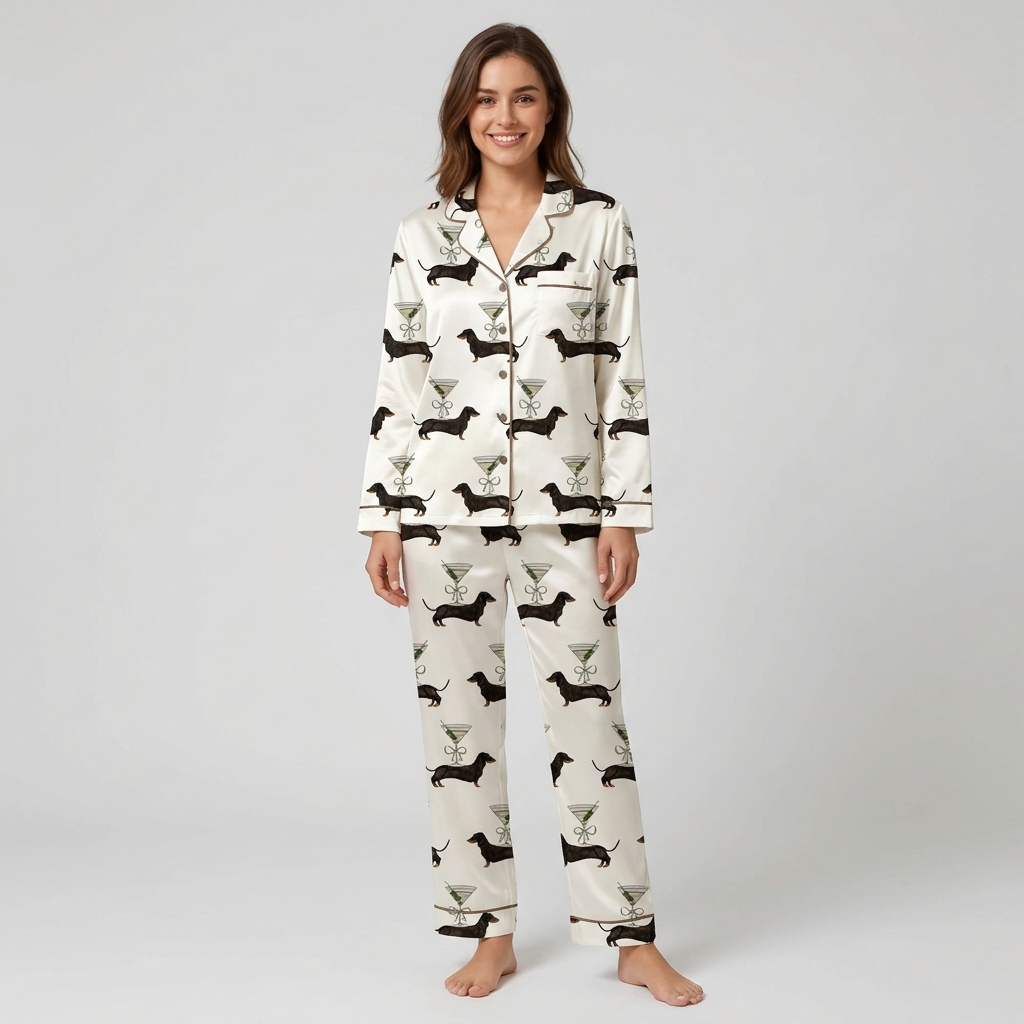 Women's satin pajama set with black dachshunds beside martini glasses tied with ribbon bows on white - long sleeve and pants