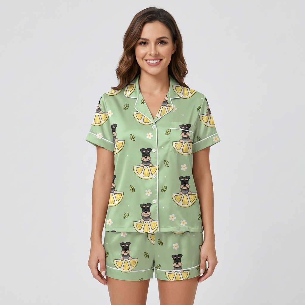 Women's satin pajama set with bearded schnauzers on lemon slices and flowers on sage green - short sleeve and shorts