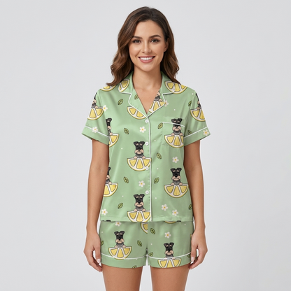 Women's satin pajama set with bearded schnauzers on lemon slices and flowers on sage green - short sleeve and shorts