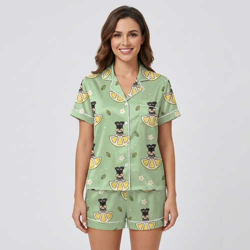Women's satin pajama set with bearded schnauzers on lemon slices and flowers on sage green - short sleeve and shorts