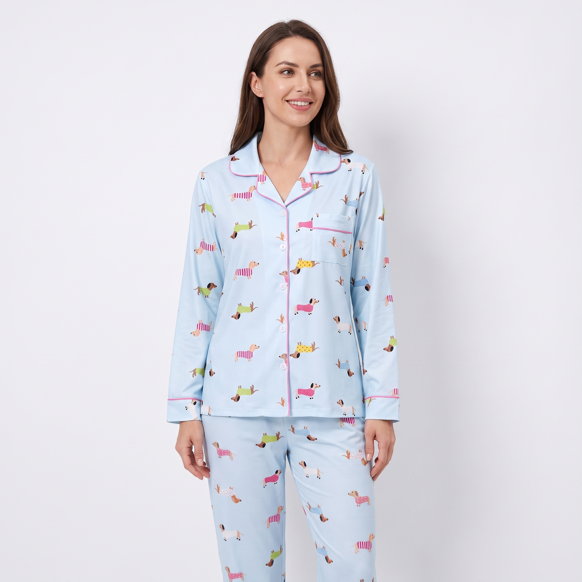 Sweater Weather Dachshunds Women's Pajama Set - Blue - long sleeve and pants