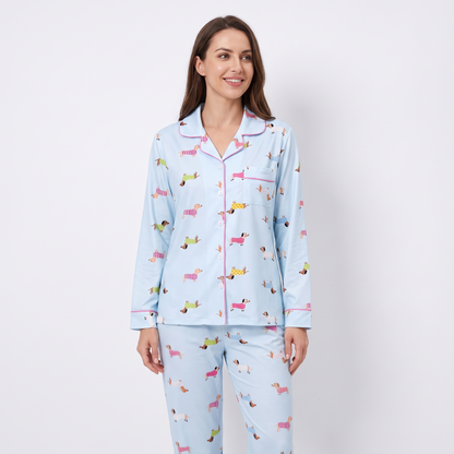 Sweater Weather Dachshunds Women's Pajama Set - Blue - long sleeve and pants