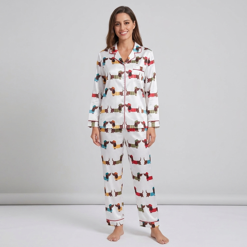 Women's satin pajama set with dachshunds in mustard, teal, green and red striped sweaters on white - long sleeve and pants