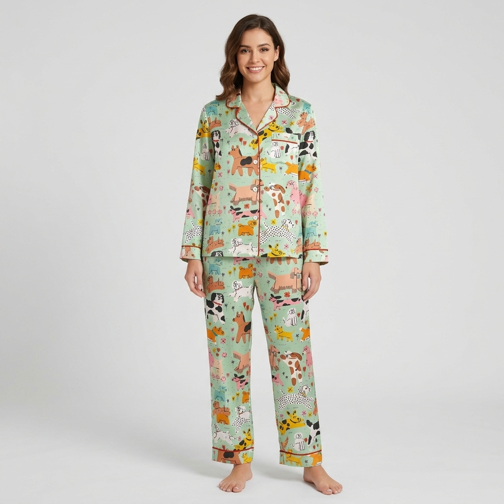 Sky Blue Dog Park Women's Pajama Set - Green long sleeve and pants