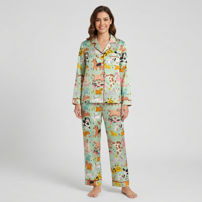 Sky Blue Dog Park Women's Pajama Set - Green long sleeve and pants