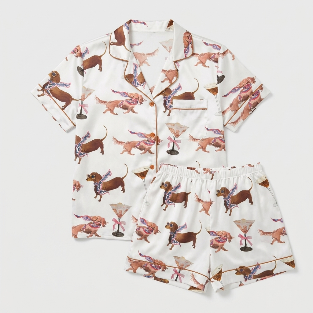 Women's satin pajama set with chestnut dachshunds in floral scarves beside martini glasses on white - flat lay