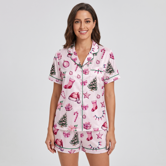 Pink Stockings & Trees Women's Pajama Set - short sleeve and shorts