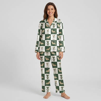 Women's satin pajama set with tan dachshunds and ribbon-wrapped cocktail glasses on a forest green and white checkerboard - long sleeve and pants