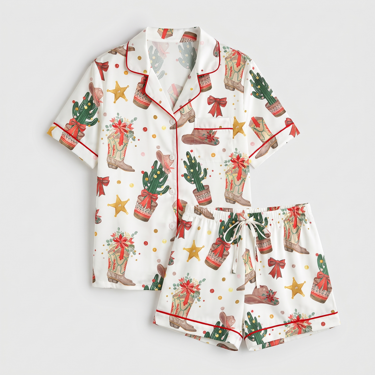 Cowboy Boots & Cactus Christmas Women's Pajama Set - flat lay