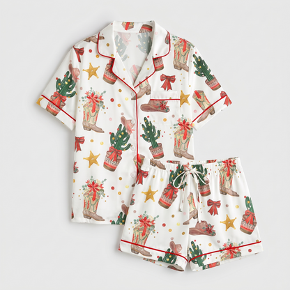Cowboy Boots & Cactus Christmas Women's Pajama Set - flat lay