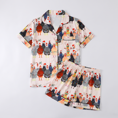 Christmas Chickens Women's Pajama Set - flat lay
