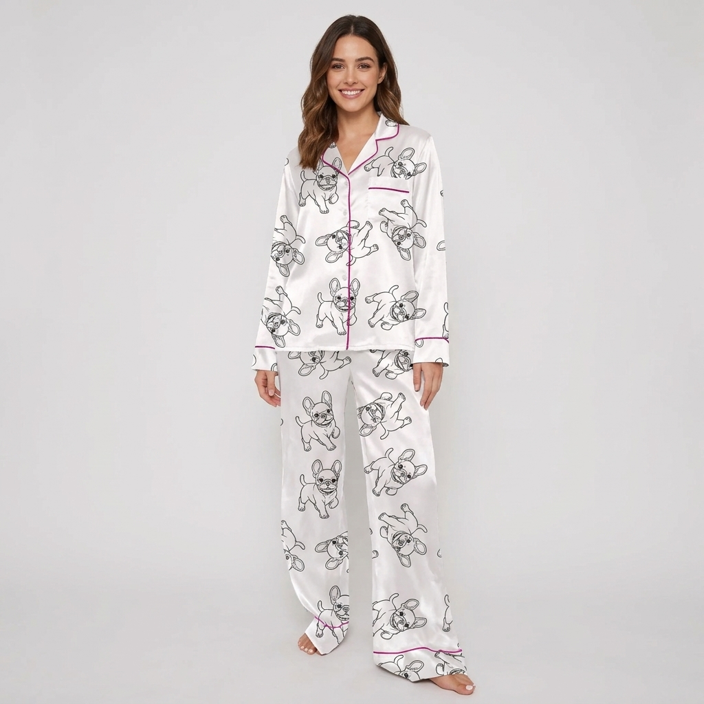 Women's satin pajama set with black line-drawn French bulldogs on white with hot pink piping - long sleeve and pants