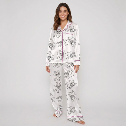 Women's satin pajama set with black line-drawn French bulldogs on white with hot pink piping - long sleeve and pants