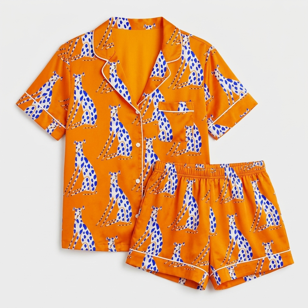 Women's satin pajama set with seated blue-spotted greyhounds on a bright tangerine orange background - flat lay