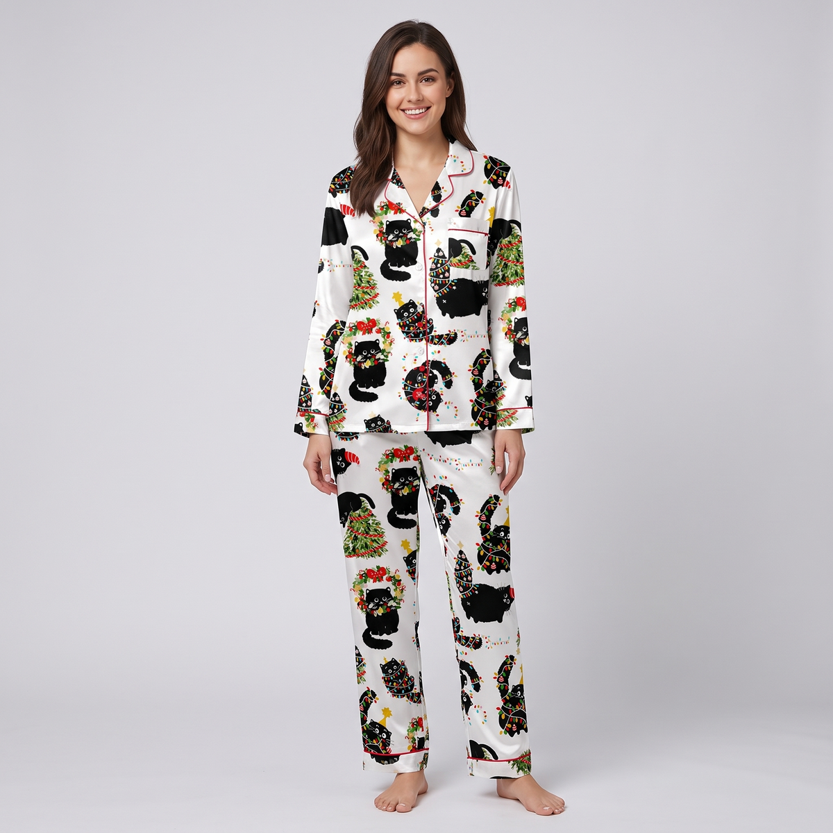 Black Cats & Wreaths Women's Pajama Set - long sleeve and pants