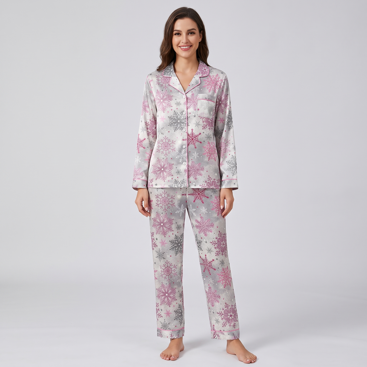 Pink Snowflakes Women's Pajama Set - long sleeve and pants