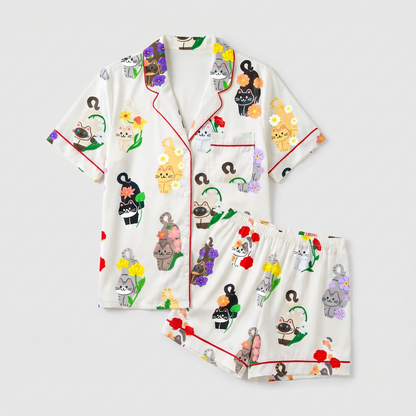 Birth Flower Cats Women's Pajama Set - flat lay
