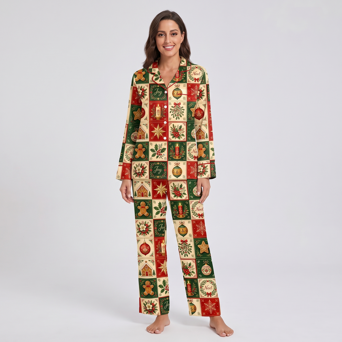 Vintage Christmas Quilt Women's Pajama Set - long sleeve and pants