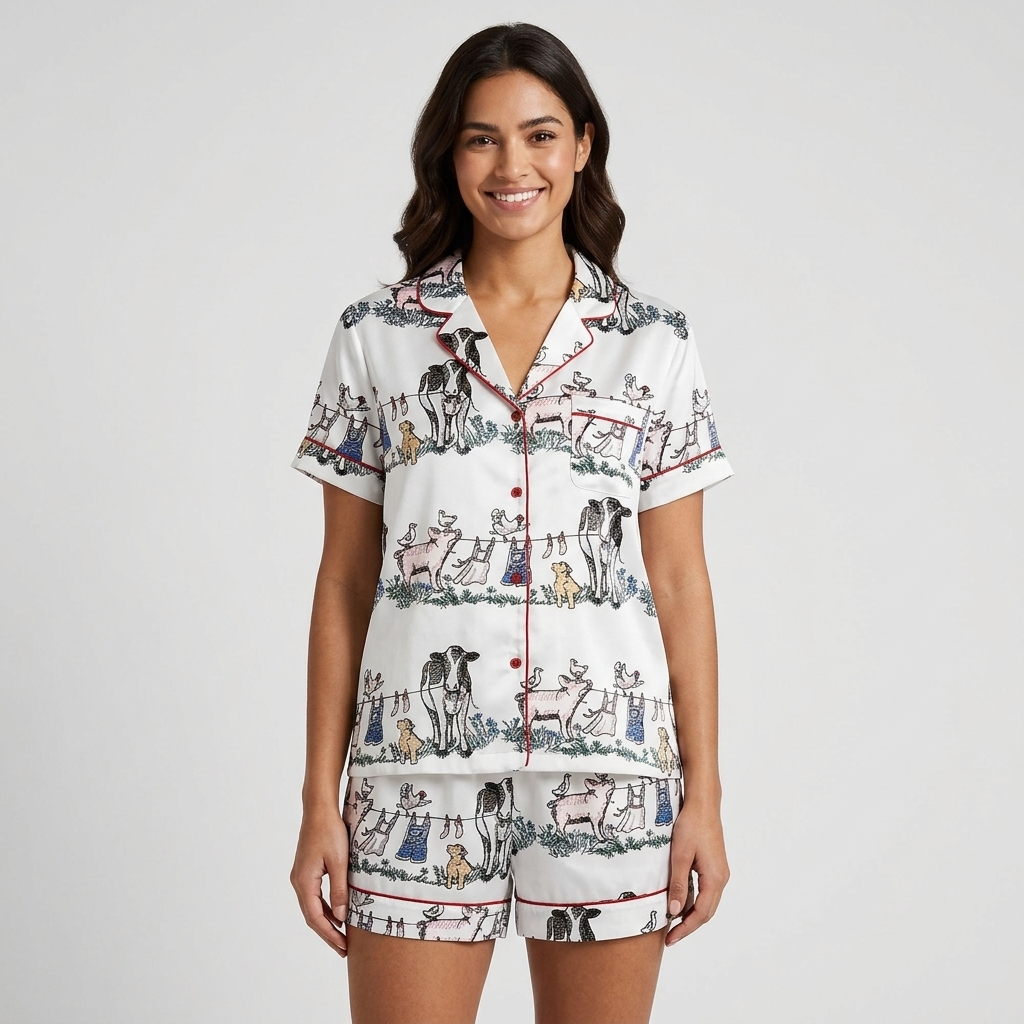 Women's long-sleeve satin pajama set with dogs, cows, sheep and pigs in a pen-and-ink barnyard on white - short sleeve and shorts