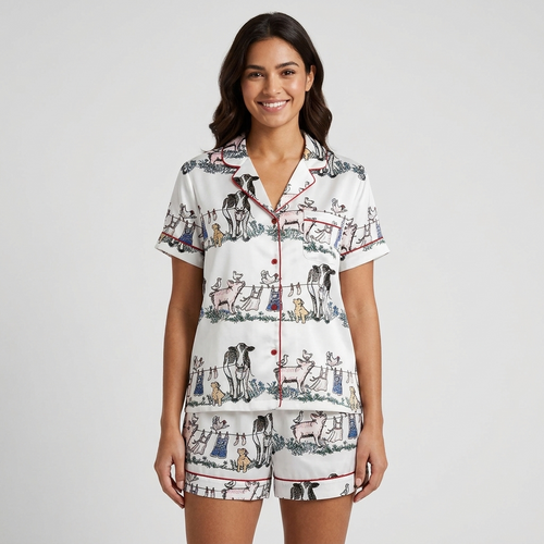 Women's long-sleeve satin pajama set with dogs, cows, sheep and pigs in a pen-and-ink barnyard on white - short sleeve and shorts
