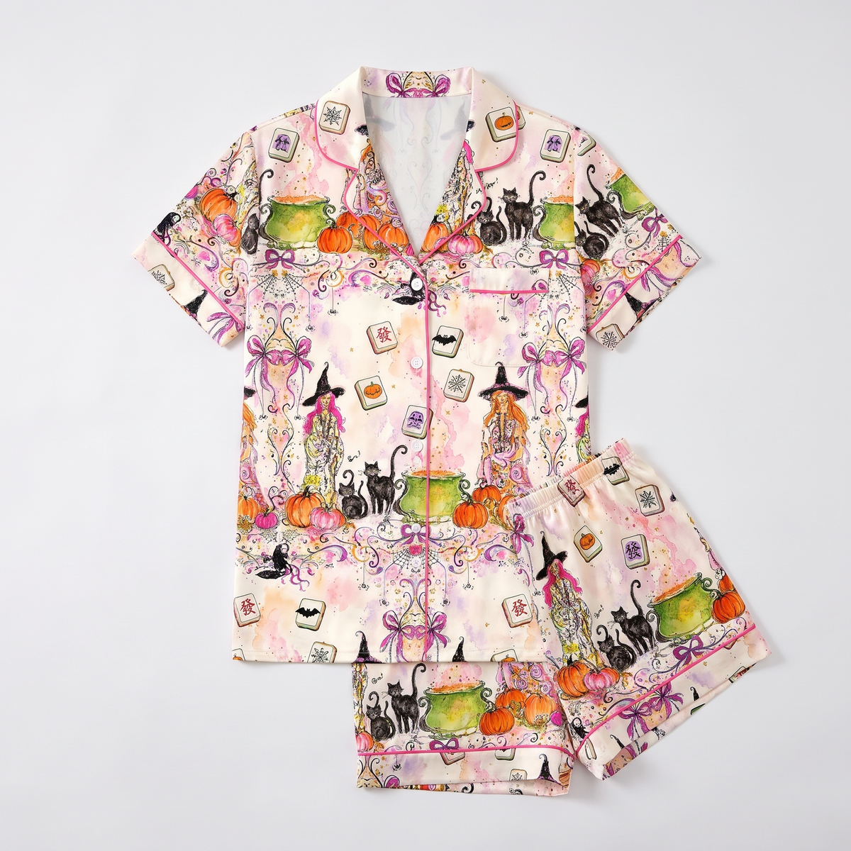 Witchy Mahjong Cats Women's Pajama Set - flat lay