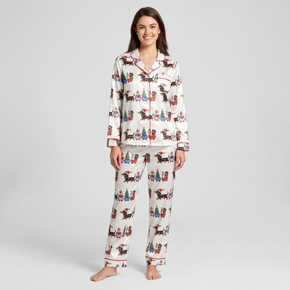 Dachshund Christmas Train Women's Pajama Set - long sleeve and pants
