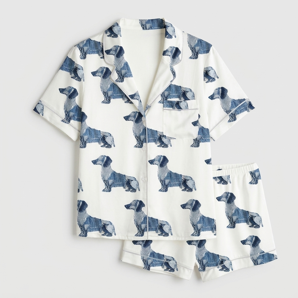 Women's satin pajama set with navy patchwork-style dachshunds in rows on white - flat lay