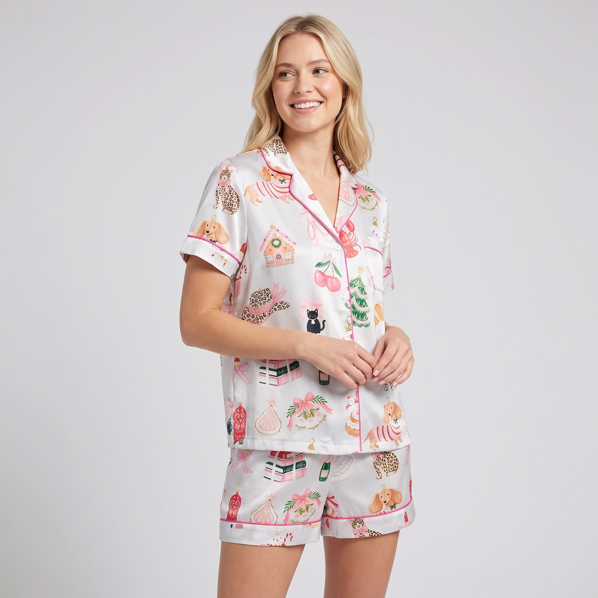 Whimsy Christmas Pets Women's Pajama Set - short sleeve and shorts