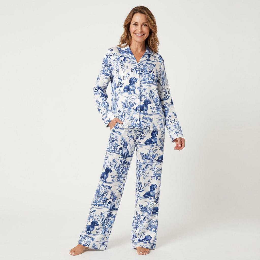 Blue Toile Dachshund Women's Pajama Set