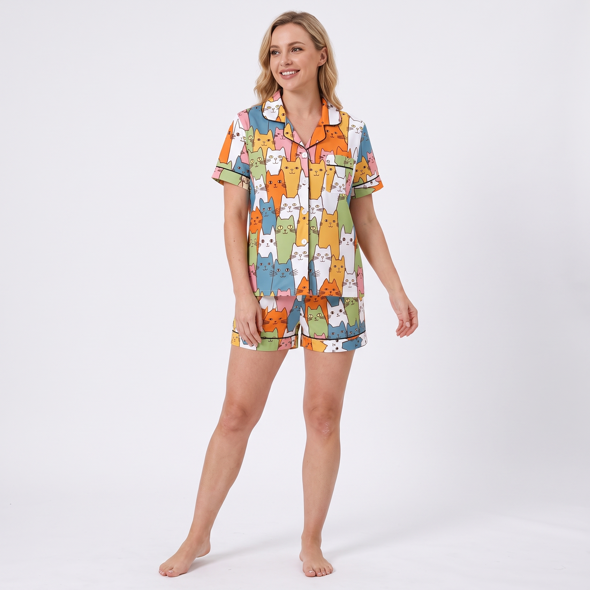 Colorful Cat Stack Women's Pajama Set - Multicolor - short sleeve and shorts