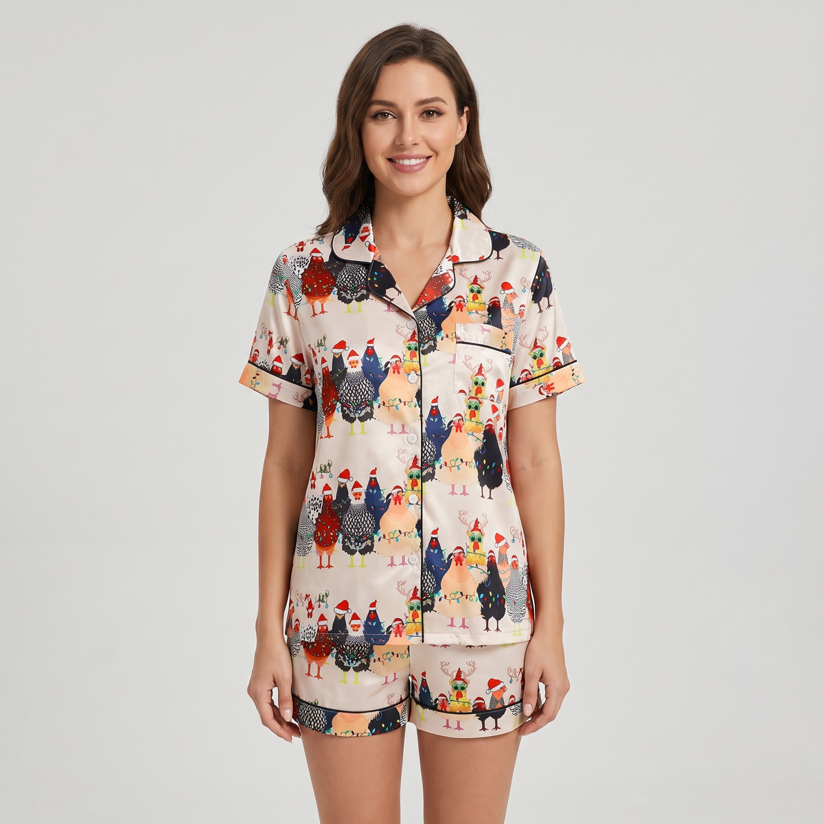 Christmas Chickens Women's Pajama Set - short sleeve and shorts