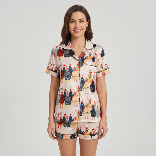 Christmas Chickens Women's Pajama Set - short sleeve and shorts