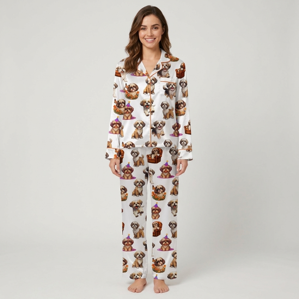 Women's satin pajama set with brown-and-white shih tzus in party hats, armchairs and autumn wreaths on white - long sleeve and pants