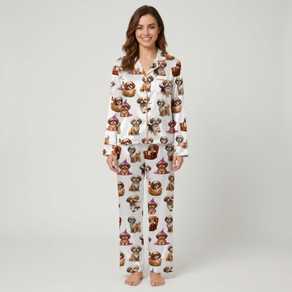 Women's satin pajama set with brown-and-white shih tzus in party hats, armchairs and autumn wreaths on white - long sleeve and pants
