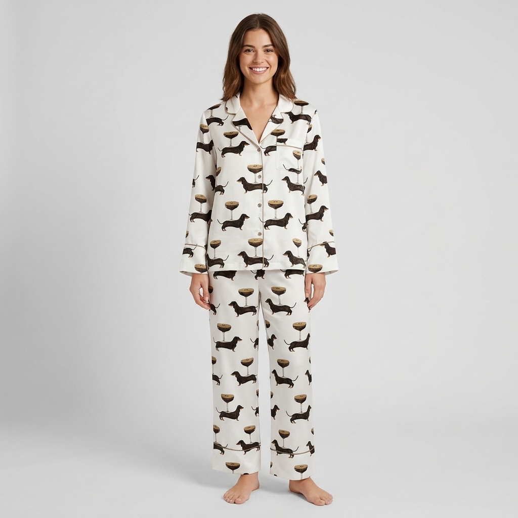 Women's long-sleeve satin pajama set with black dachshunds beside gold-stemmed coupe glasses on white - long sleeve and pants