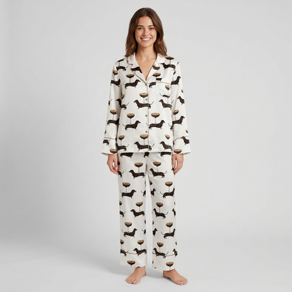 Women's long-sleeve satin pajama set with black dachshunds beside gold-stemmed coupe glasses on white - long sleeve and pants