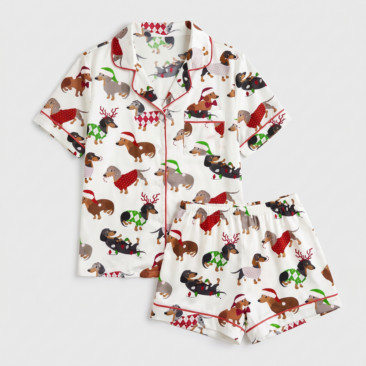 Deck The Halls Dachshunds Women's Pajama Set - flat lay