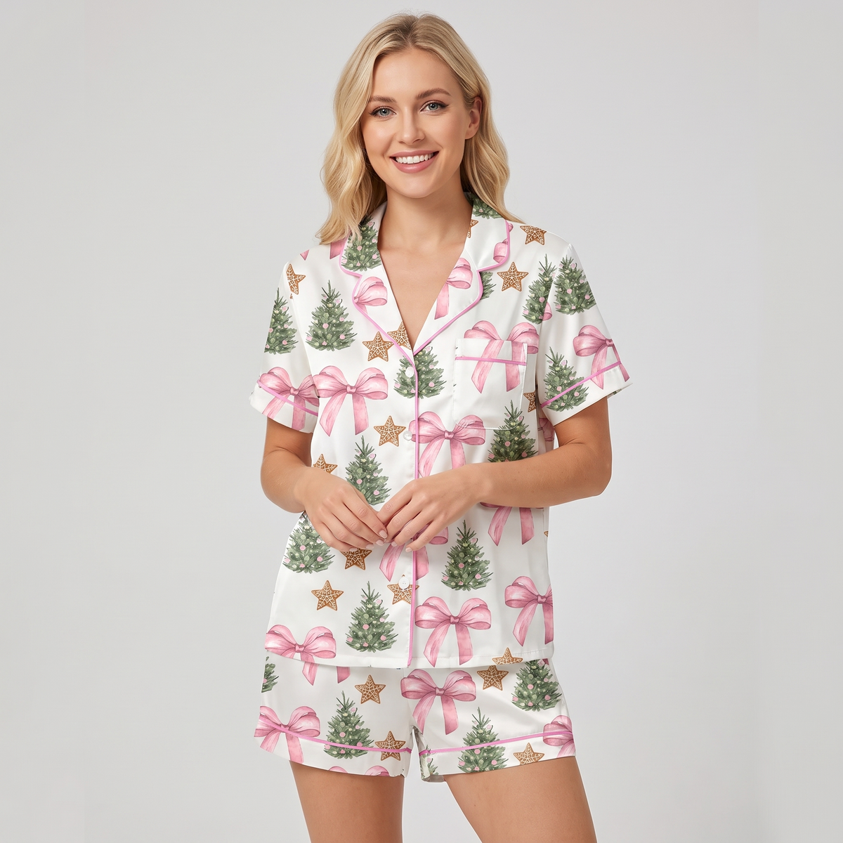Coquette Bow Trees Women's Pajama Set - short sleeve and shorts