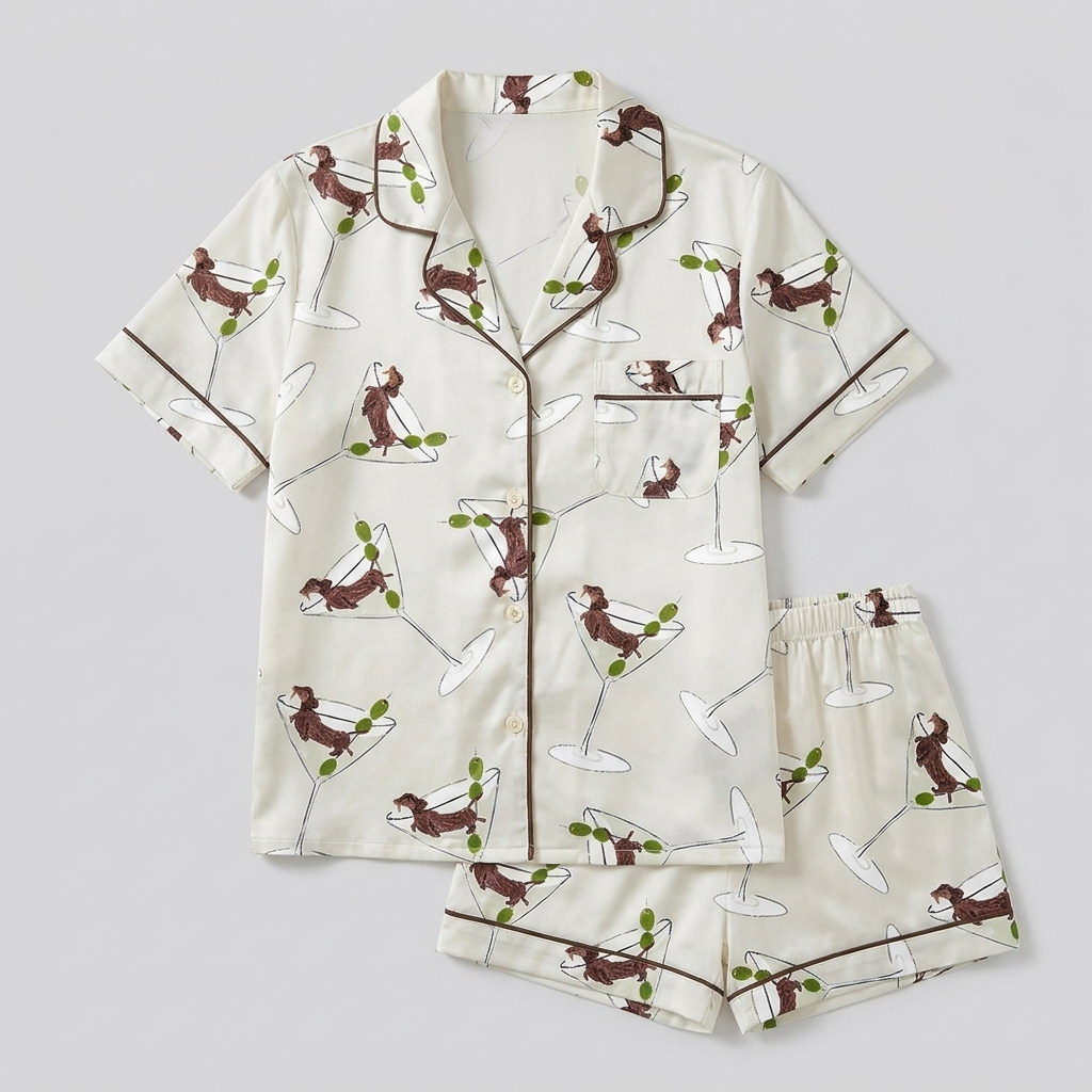 Women's satin pajama set with dachshunds stretched across martini glasses and olive picks on white with brown piping - flat lay