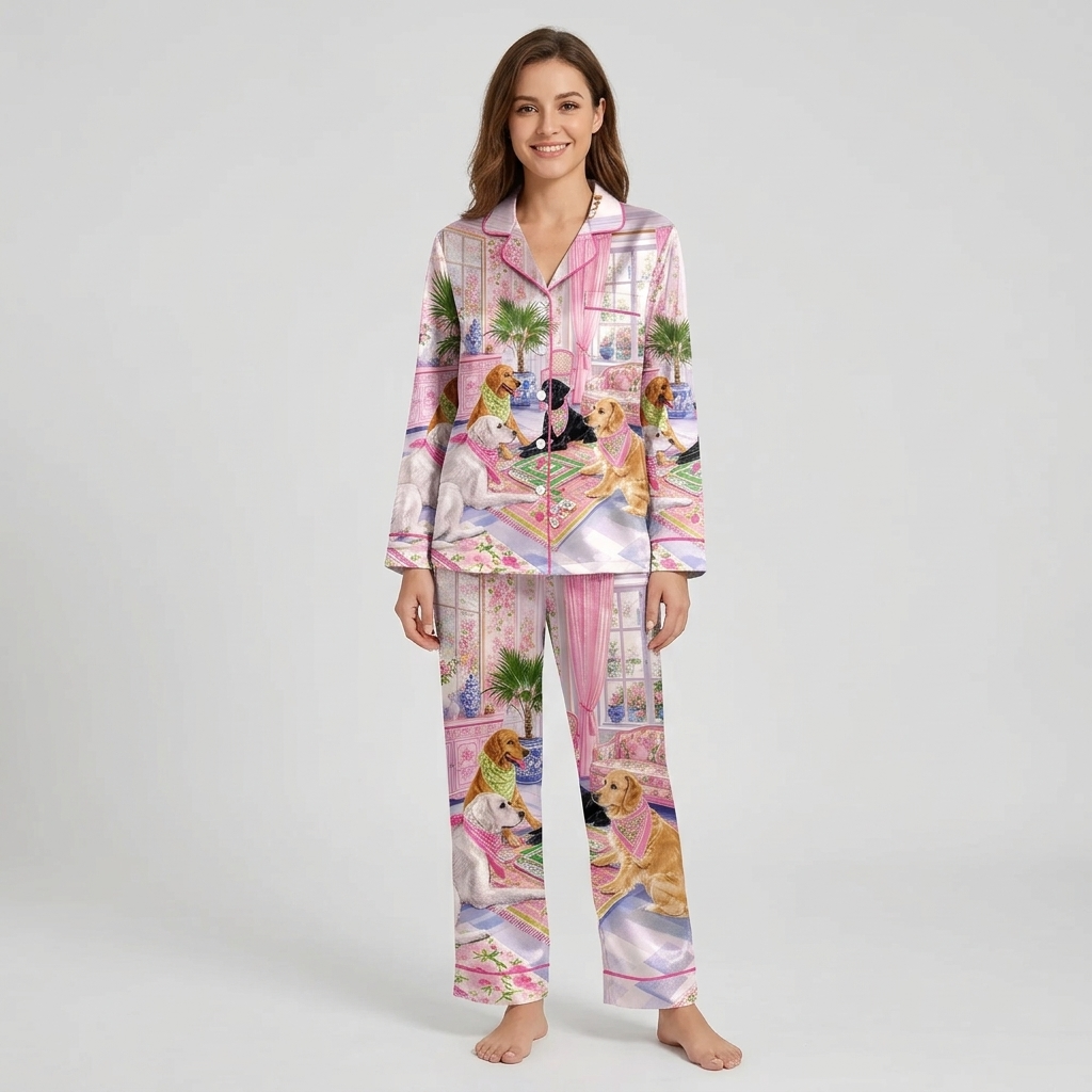 Women's satin pajama set with Labradors in bandanas playing mahjong in a pink chinoiserie parlor - long sleeve and pants