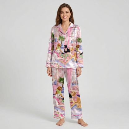 Women's satin pajama set with Labradors in bandanas playing mahjong in a pink chinoiserie parlor - long sleeve and pants