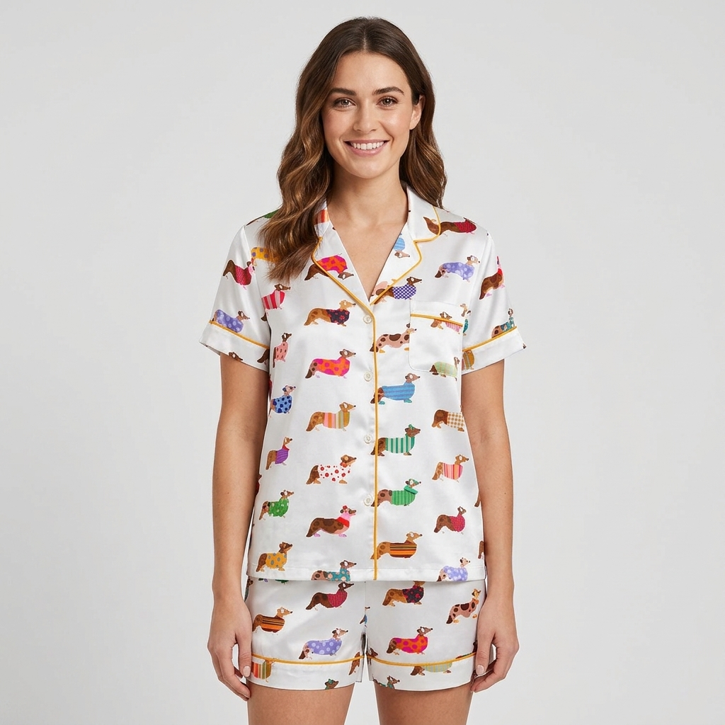 Women's satin pajama set with corgis in polka dot, striped and heart knit sweaters on white with golden piping - short sleeve and shorts