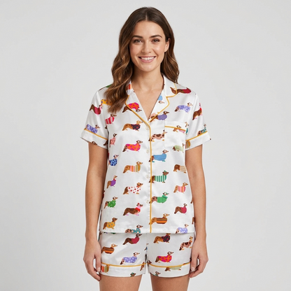 Women's satin pajama set with corgis in polka dot, striped and heart knit sweaters on white with golden piping - short sleeve and shorts