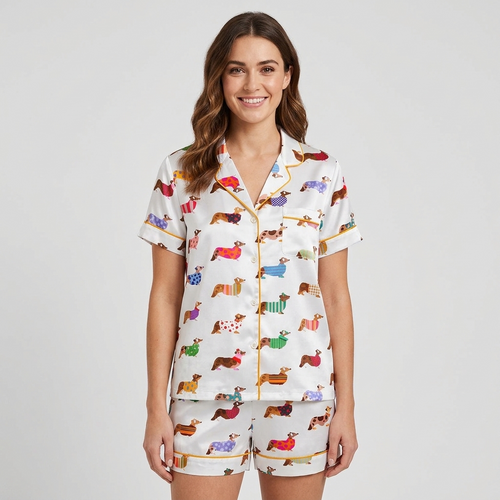 Women's satin pajama set with corgis in polka dot, striped and heart knit sweaters on white with golden piping - short sleeve and shorts